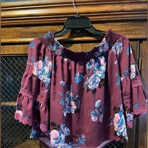 Xhilaration Burgundy Floral Blouse off the shoulder size xsmall